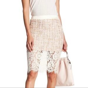 English Factory Beige Tweed w. Lace Layer Pencil Knee High Skirt Womens Sz S NWT